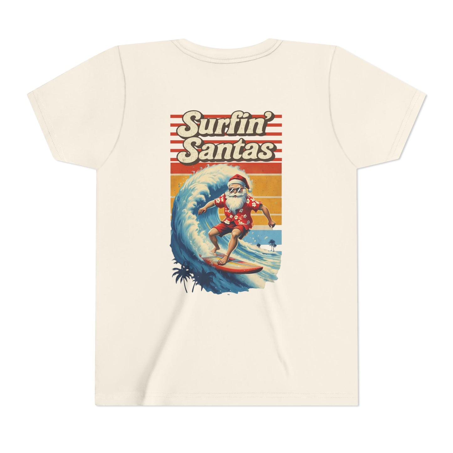 Youth Surfing Santa Tee — "Surfin' Santas" Christmas Beach Holiday Shirt