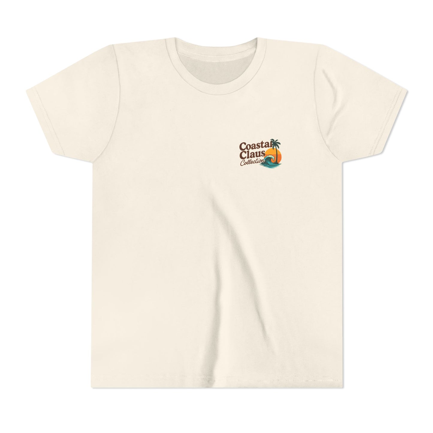 Youth Tee — "No Snow No Problem" Coastal Santa Surfing Snowman Kids Christmas Shirt