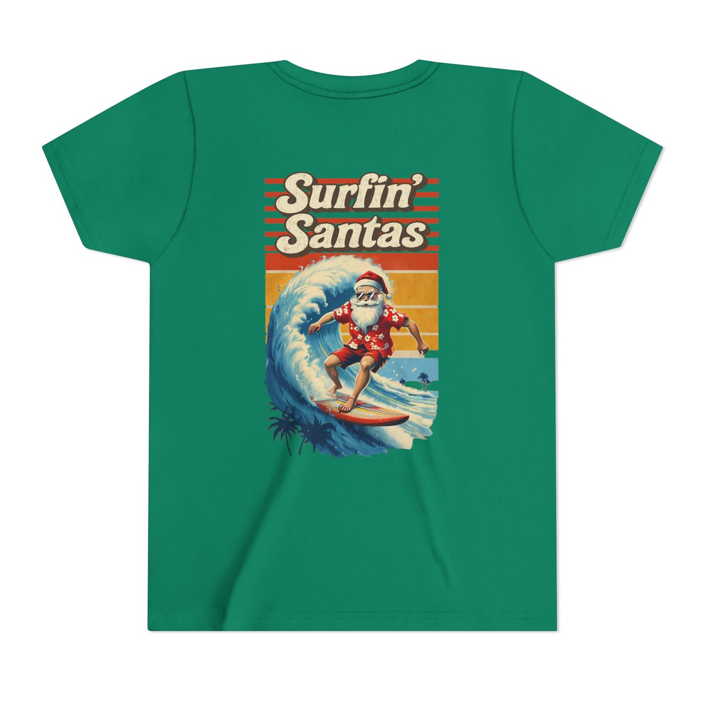 Youth Surfing Santa Tee — "Surfin' Santas" Christmas Beach Holiday Shirt