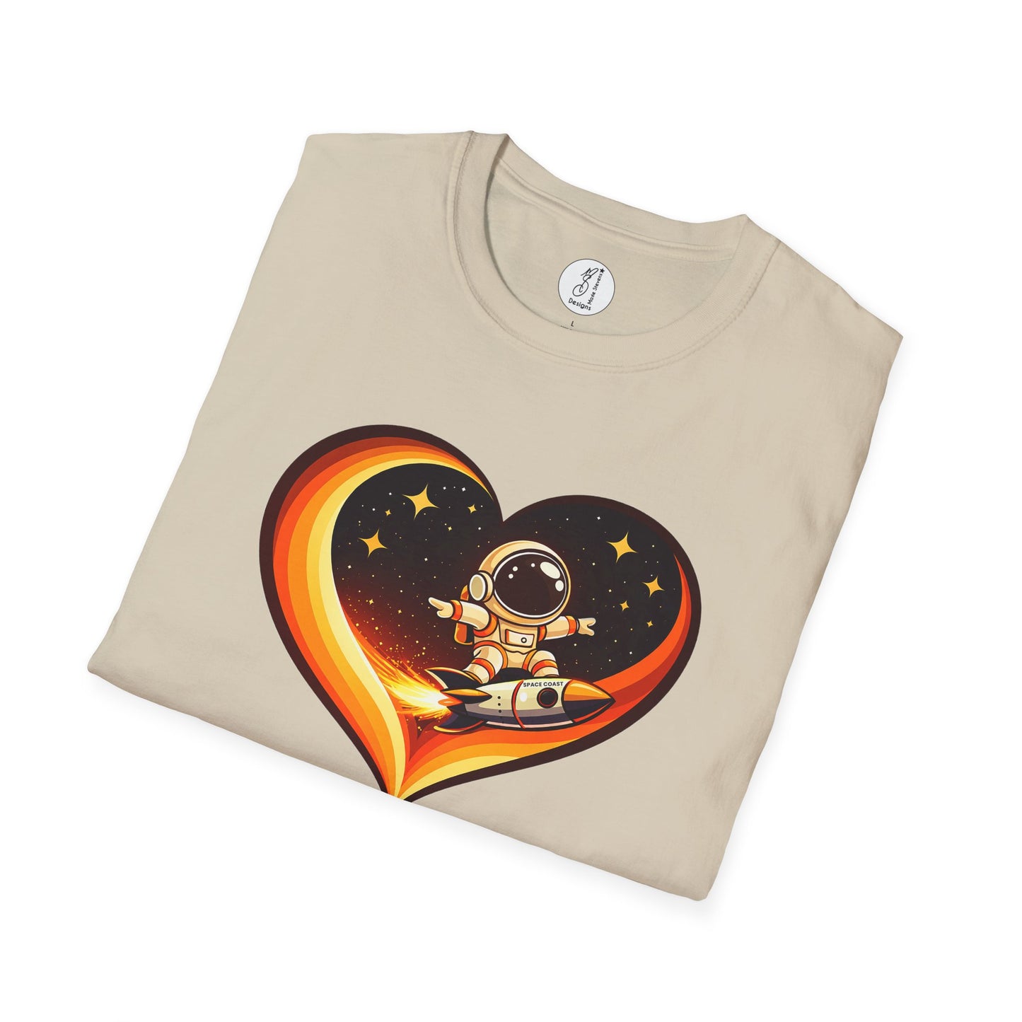 Retro Space Coast Surfing Astronaut Rocket Heart Tee