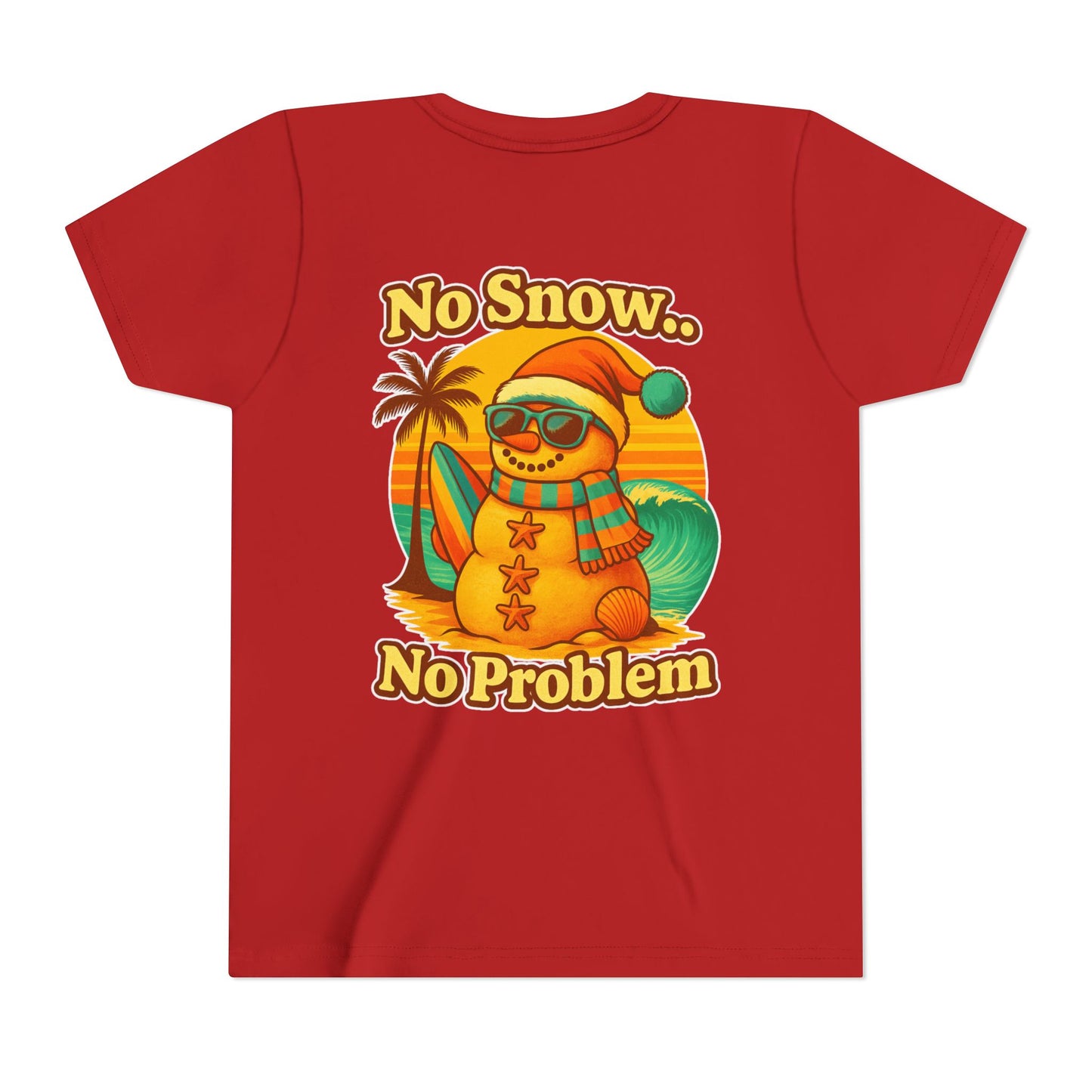 Youth Tee — "No Snow No Problem" Coastal Santa Surfing Snowman Kids Christmas Shirt