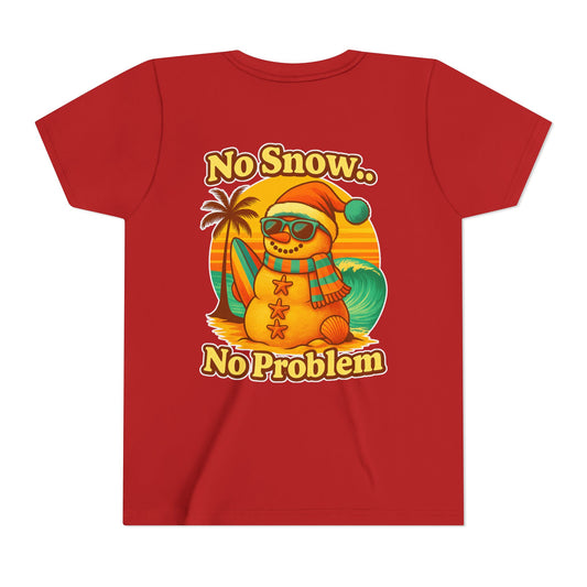 Youth Tee — "No Snow No Problem" Coastal Santa Surfing Snowman Kids Christmas Shirt