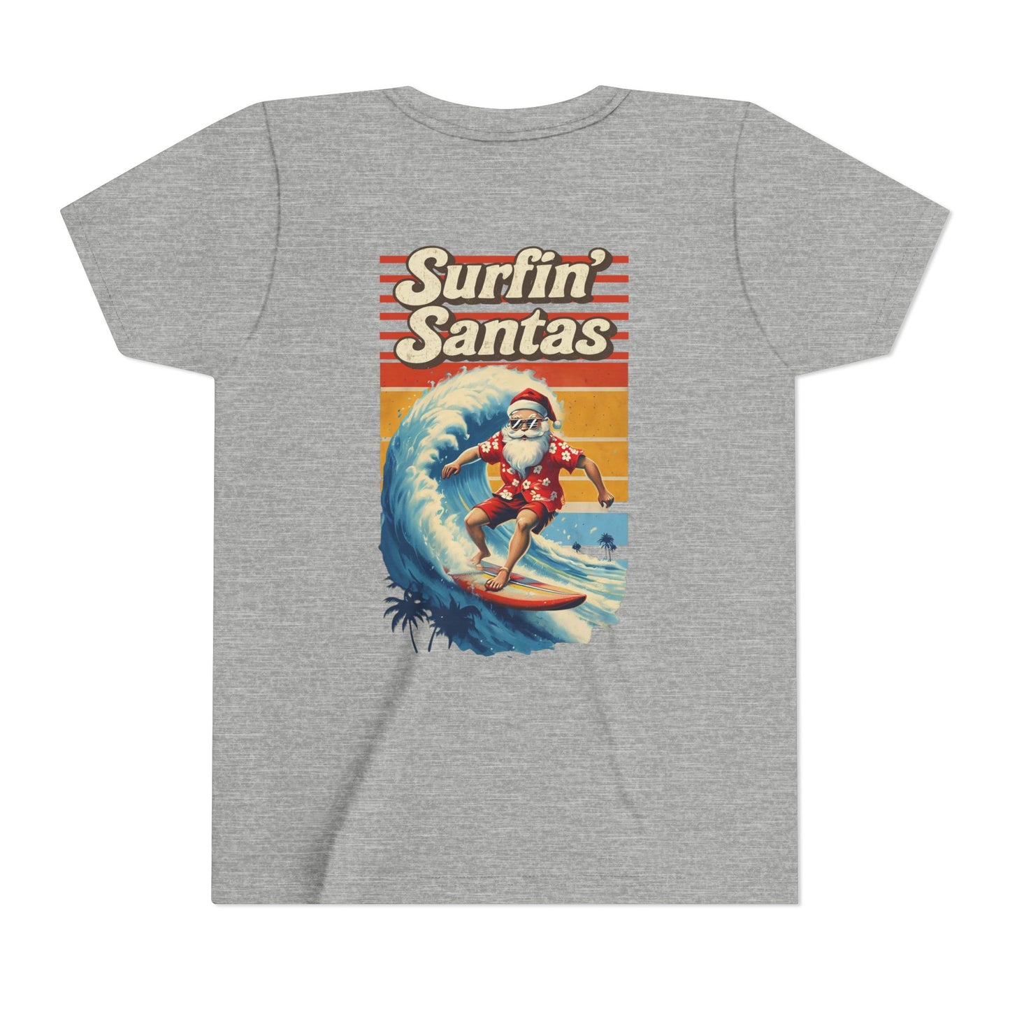 Youth Surfing Santa Tee — "Surfin' Santas" Christmas Beach Holiday Shirt