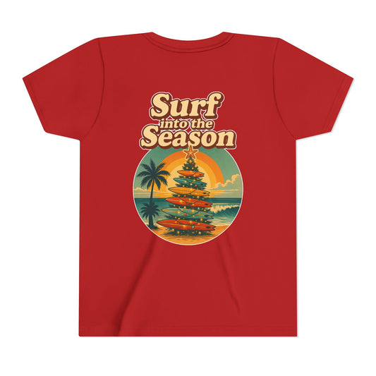 Youth Tee - "Surf Into the Season" Surf Christmas Shirt (Coastal Claus Holiday Tee)