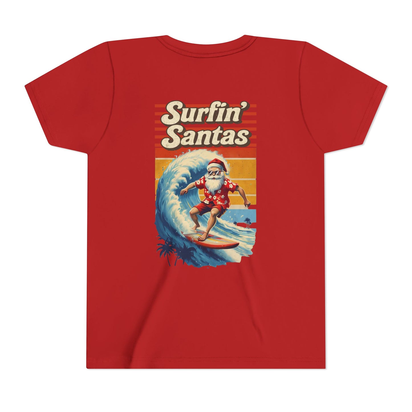 Youth Surfing Santa Tee — "Surfin' Santas" Christmas Beach Holiday Shirt