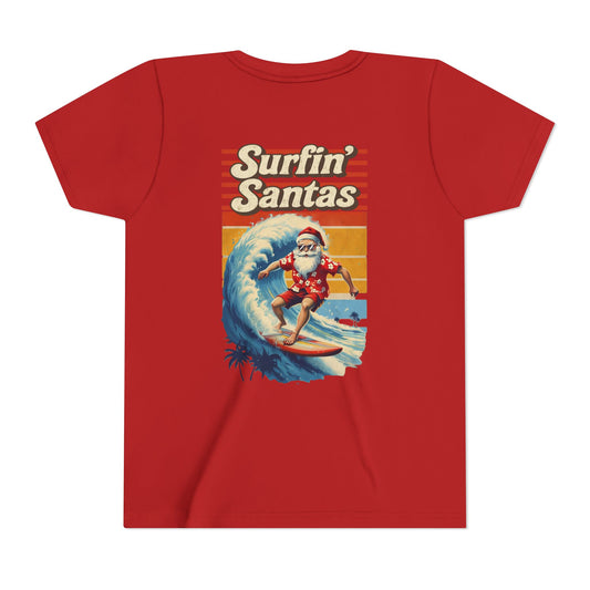 Youth Surfing Santa Tee — "Surfin' Santas" Christmas Beach Holiday Shirt