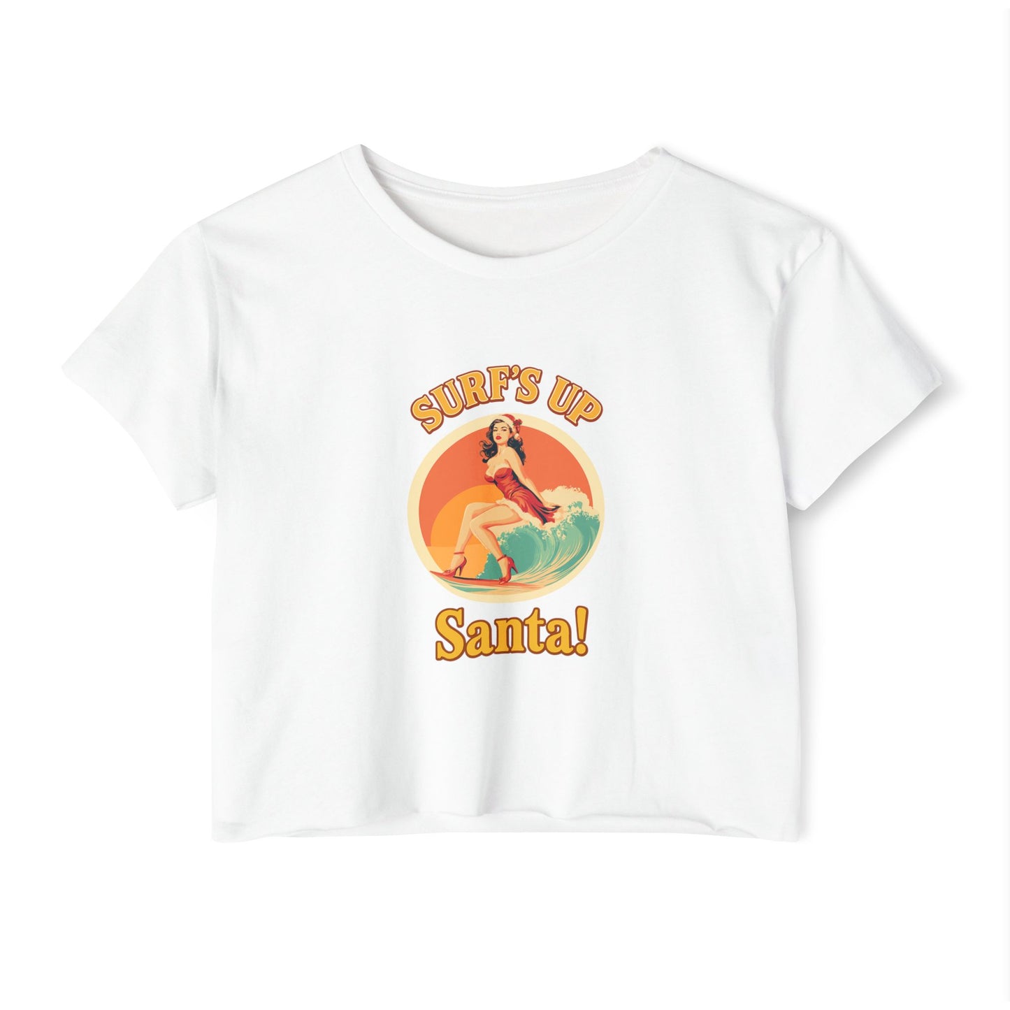 Surf's Up Santa! Women's Festival Crop Top — Retro Pinup Surf Christmas Tee