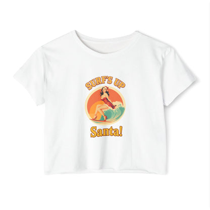 Surf's Up Santa! Women's Festival Crop Top — Retro Pinup Surf Christmas Tee